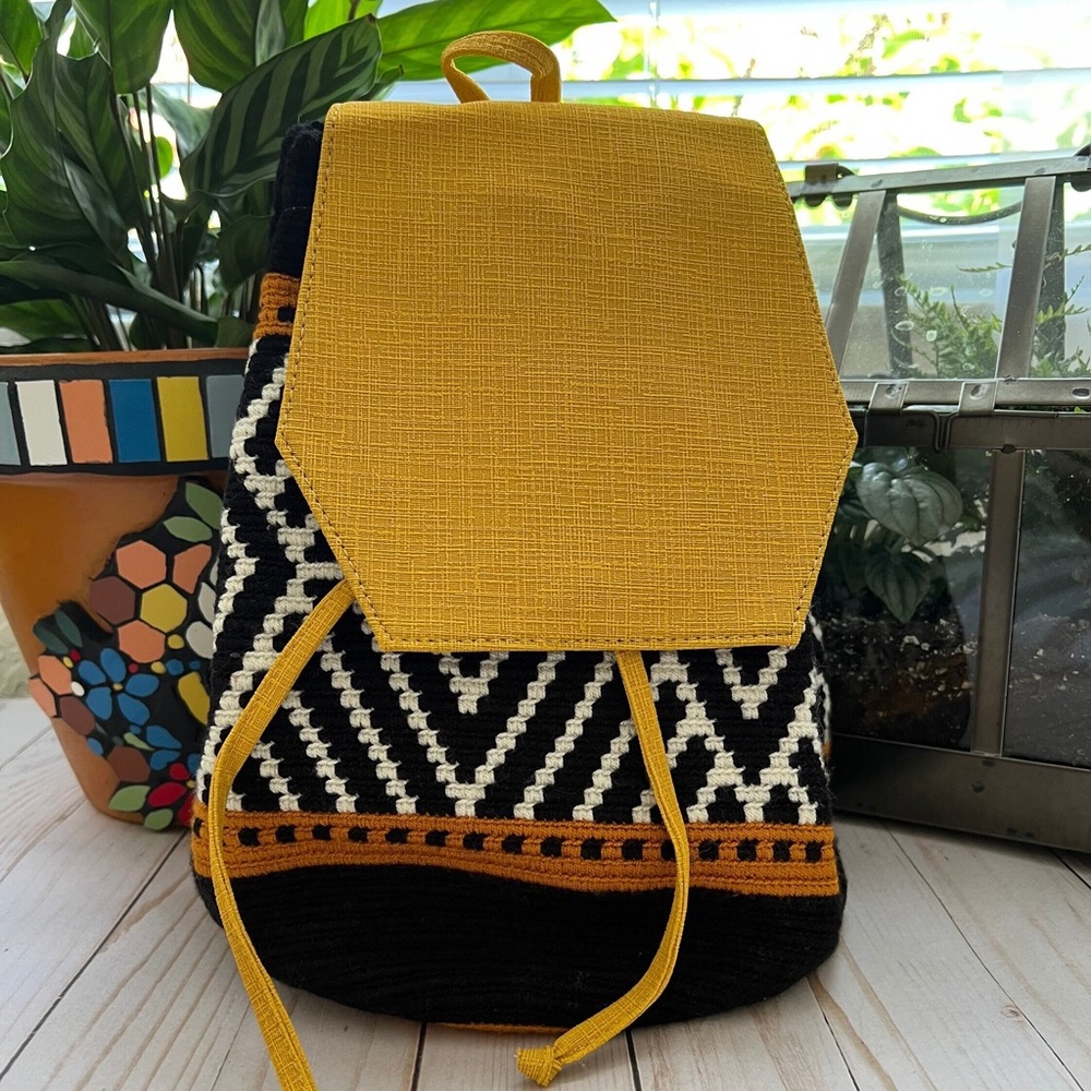 Black & Yellow Backpack for Women -  Hand-Knit Hippie Backpack- Unique Book Bag